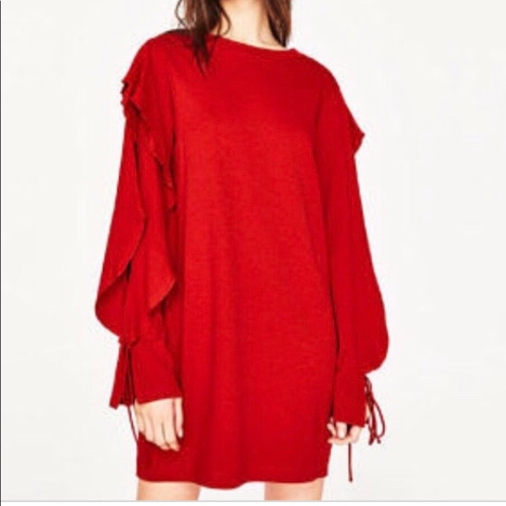 Zara Gray Ruffle Open Sleeve Sweater Dress oversiz - Picture 1 of 4